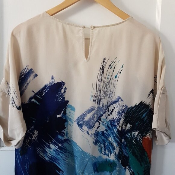 BCBG Maxazria Silk Jayne Abstract Print Short Sleeve Blouse Multi Color Top Sz S - Picture 9 of 10